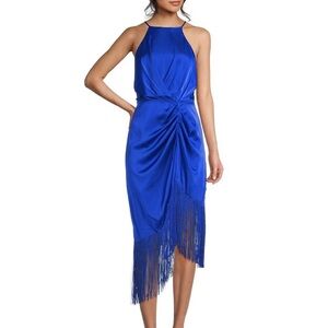 Badgley Mischka Jackie Halter Neck Asymmetrical Fringe Hem Midi Dress